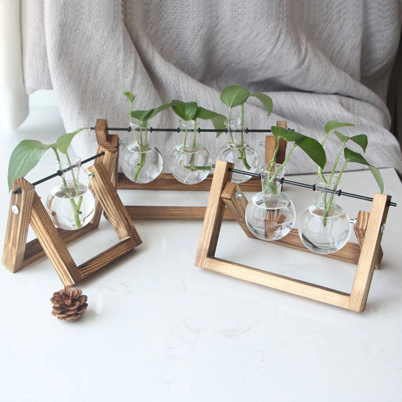 hydroponic plant stand Tabletop Hydroponic Plant Vase with Wooden Frame Stand – Yes Please n Thank  You