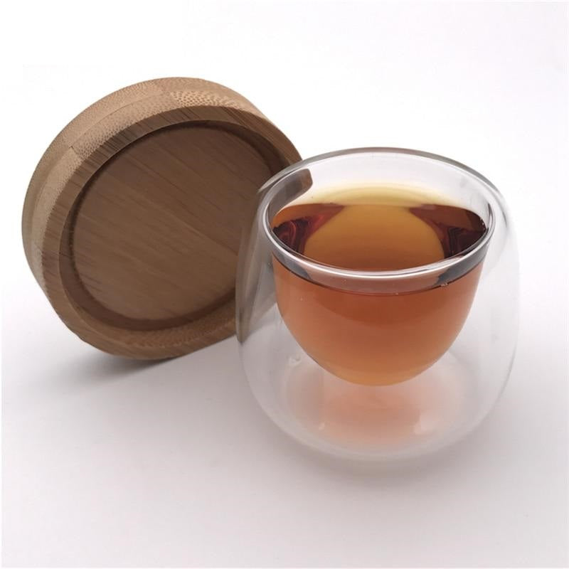 Double Wall Glass Tea Cup with Bamboo Coaster